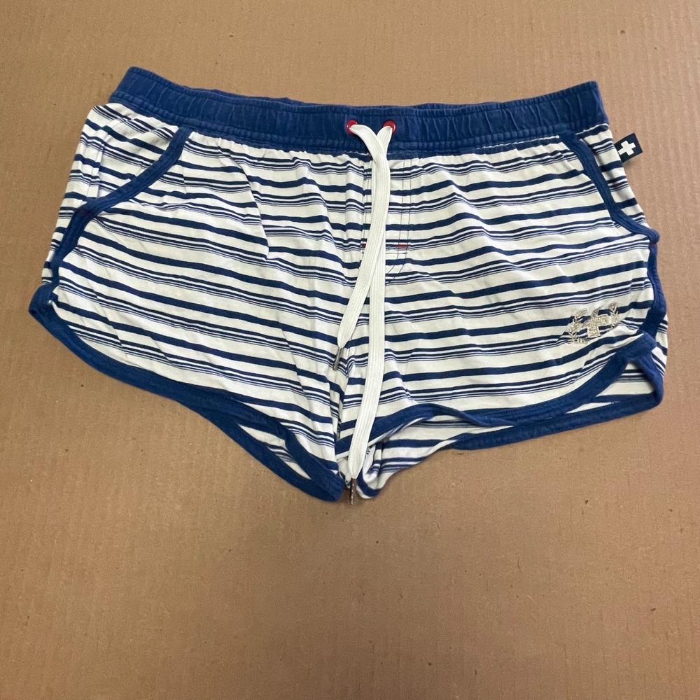Andrew Christian Men M Blue White Striped Nautical Embroidered Lounge Gym Shorts